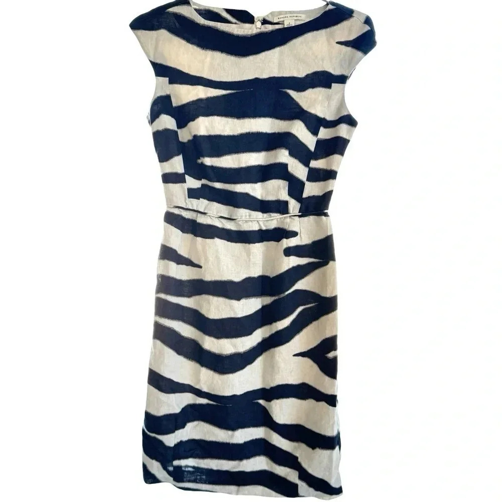 Banana Republic || Linen Safari Resort Zebra Print Dress Sz 4 - Picture 2 of 7